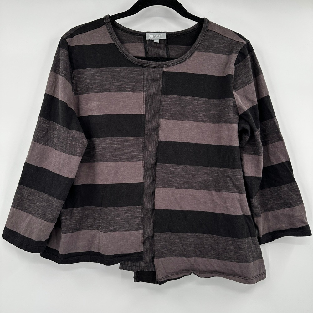 Habitat Womens Striped Asymmetrical Cotton Knit Top Black Grey Size Medium Artsy